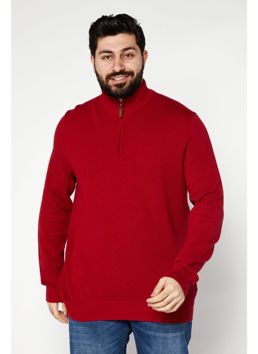 Men Mock Neck Knitted Long Sleeve Sweaters, Red