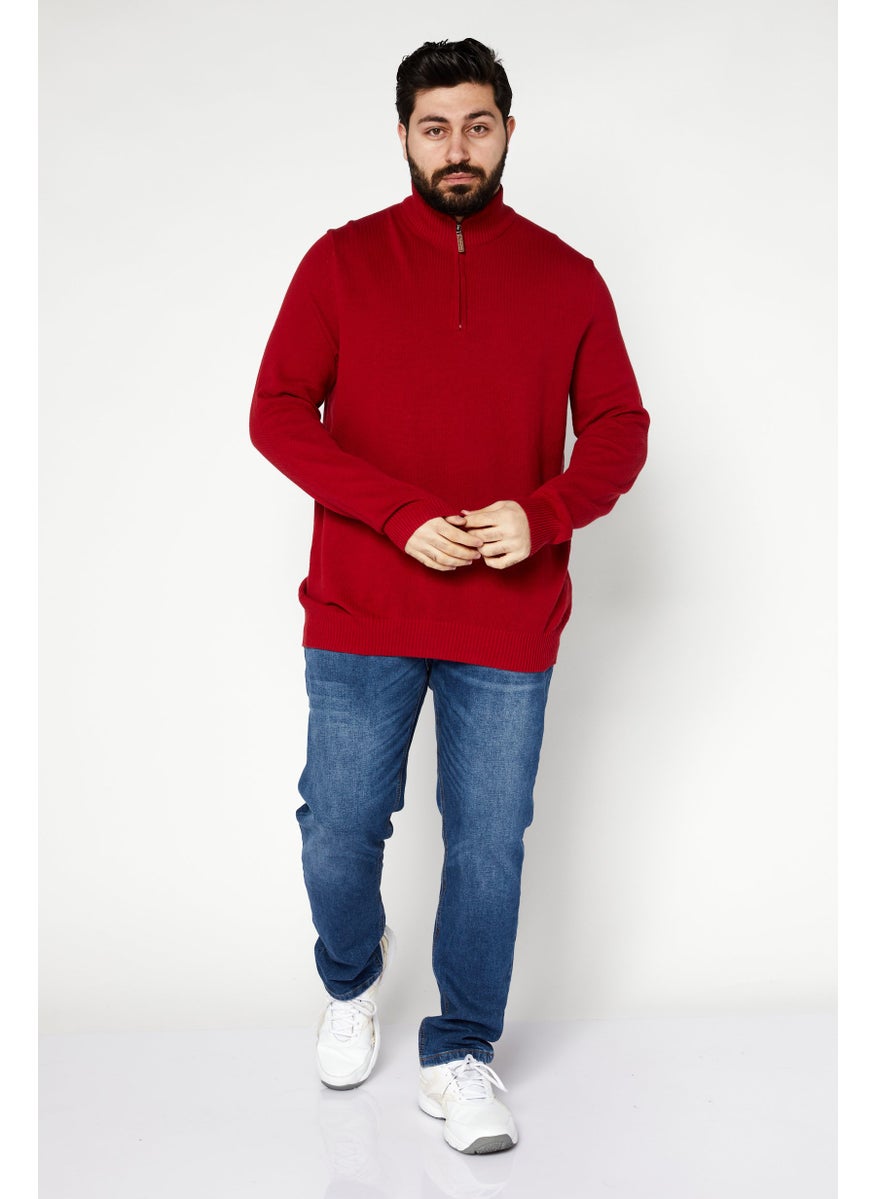 Men Mock Neck Knitted Long Sleeve Sweaters, Red