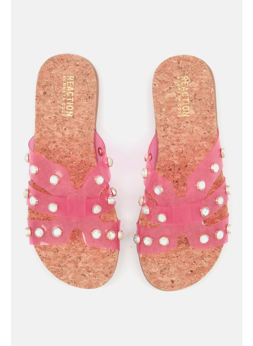 Women Studded Slip On Slides, Pink