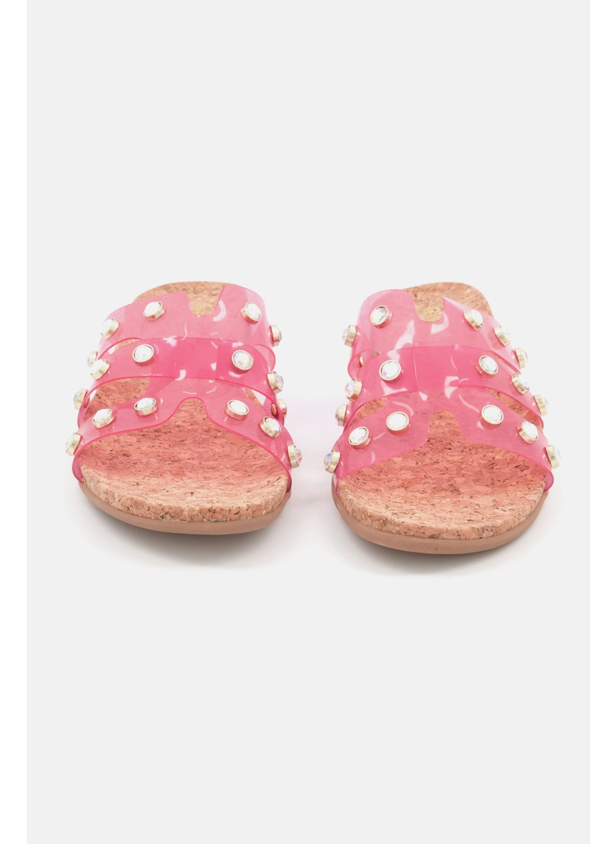 Women Studded Slip On Slides, Pink