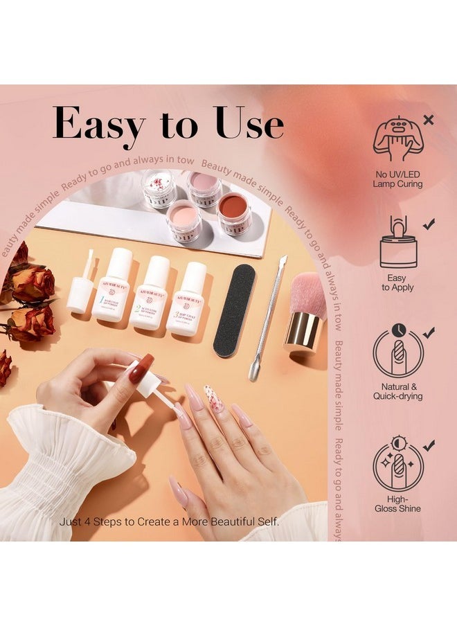 Floral Dip Powder Nail Kit Starter Fall Winter Nude Brown Grey Dipping Powder Liquid Set With Base Top Coat Activator Dip Dried Flowers For French Nails Art Manicure Diy Salon