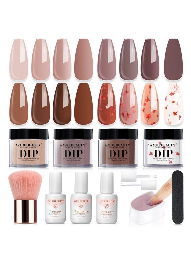 Floral Dip Powder Nail Kit Starter Fall Winter Nude Brown Grey Dipping Powder Liquid Set With Base Top Coat Activator Dip Dried Flowers For French Nails Art Manicure Diy Salon