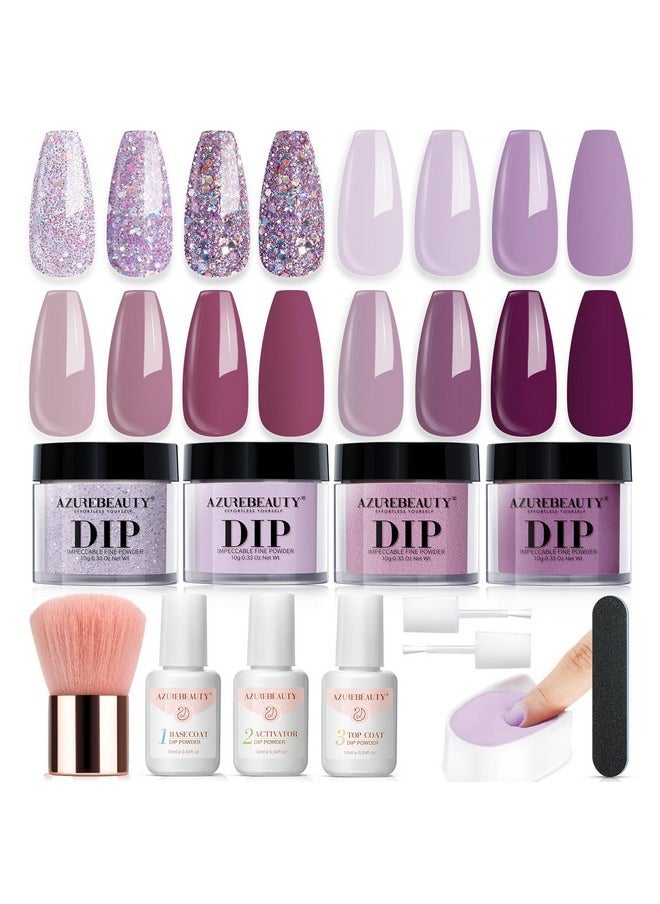 Dip Powder Nail Kit Fall Winter Dark Purple Lilac Purple Glitter 4 Colors Nail Dip Powder Starter Set Essential Dip Liquid Set With Base/Top Coat Activator For French Art Manicure Diy Gift