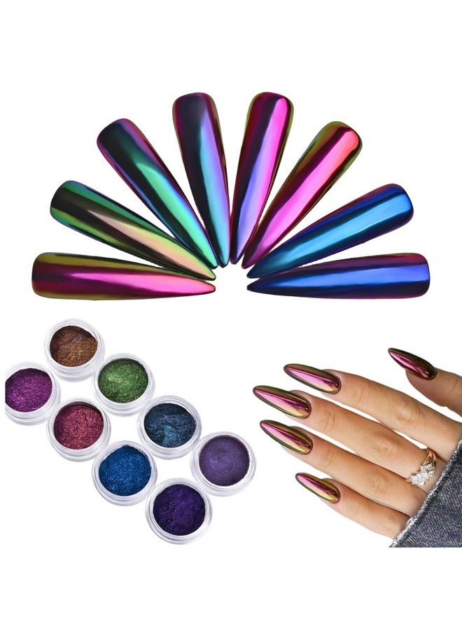 8Pcs Chameleon Chrome Nail Powder,Chrome Powder For Gel Nails Nail Chrome Powder Mirror Effect Holographic Aurora Iridescent Pearlescent Manicure(8 Colors)