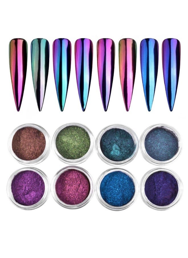 8Pcs Chameleon Chrome Nail Powder,Chrome Powder For Gel Nails Nail Chrome Powder Mirror Effect Holographic Aurora Iridescent Pearlescent Manicure(8 Colors)