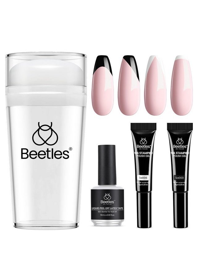 Beetles French Tip Tool Stamp Gel Silicone Nail Stamp Kit With Long Silicone Stamper, Peel Off Cuticle Guard And Nail Stamper Gel Polish, Soak Off Uv Led Lamp For Home Manicure Diy Nail Salon