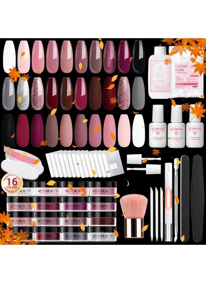 130 Pcs Dip Powder Nail Kit 16 Colors Clear Glitter Pink Nail Dip Powder Kit With Top/Base Coat Activator Gel Nail Remover Professional Dip Powder Liquid Set For Home Salon Gifts