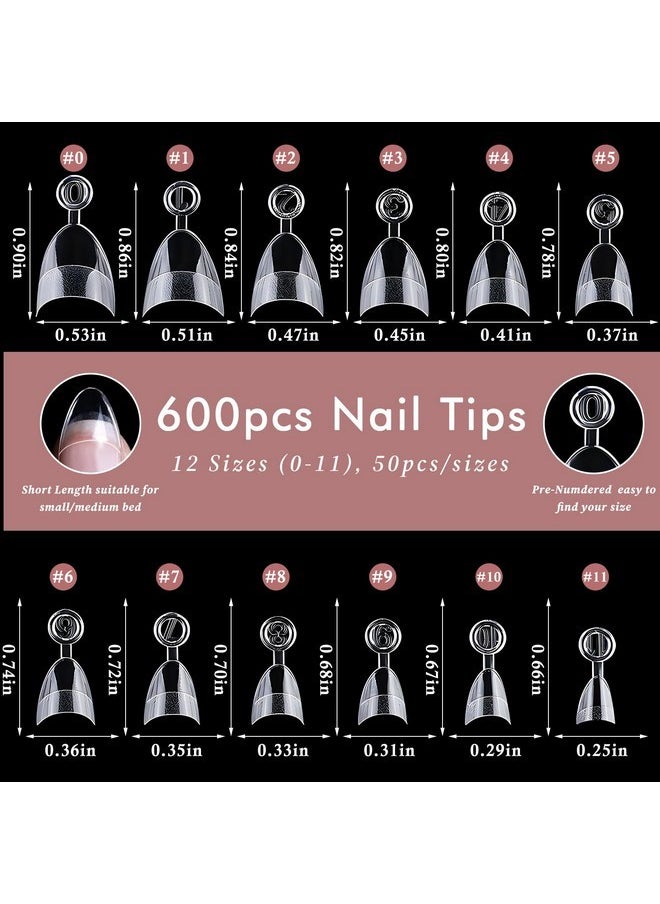 Short Nail Tips Almond, 600Pcs Gel X Nail Tips Short Almond Soft Gel Nails Clear Nail Tips Half Cover Acrylic Nail Tips For Nail Extension