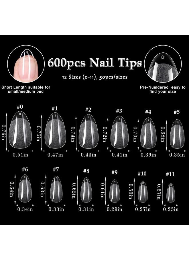 600Pcs Short Almond Nail Tips, Soft Gel X Nail Tips Almond Short Clear Fake Nails Full Cover Acrylic Nail Tips For Extension Nail Manicure Salon Home Diy