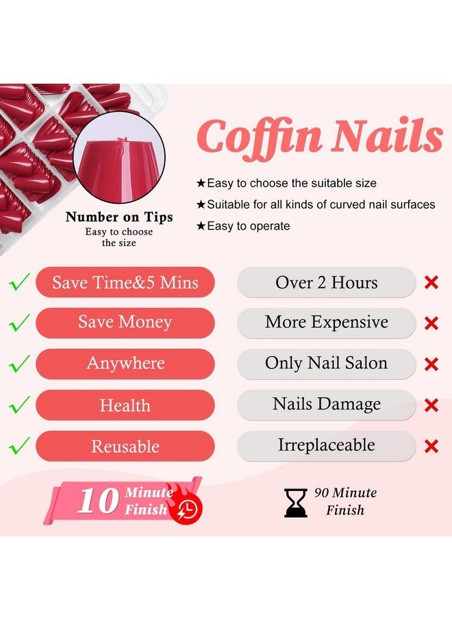 240Pc Coffin Press On Nails Medium Fake Nails Red Glue On Nails Short Ballerina Coffin Nails Press Ons Acrylic Nails False Nails Full Cover Artificial Fingernails With Adhesive Tabs