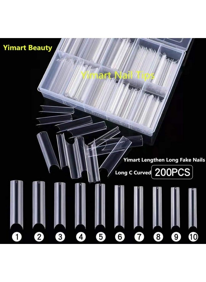 Long C Curved False Nail Tips - C Curved Nail Tips - Long C Curve False Nails - 200Pcs/Box Xl C Curve Fake Nails Premium Square French Acrylic Nail Tips (Clear With Box)