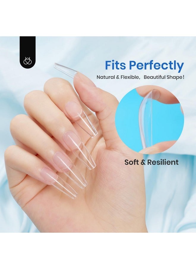 Beetles Acrylic Nails Kit 500Pcs Long Coffin Pre-Shaped Clear Full Cover Soft False Nails, Nail Tips Soak Off Easy Nail Extension Set For Diy Nails Art Home Gift For Women