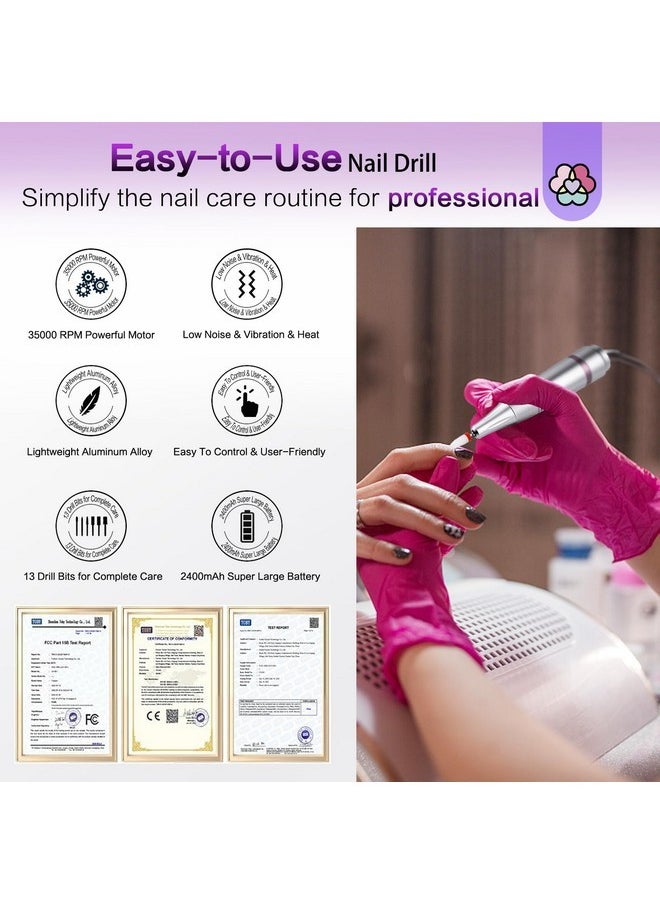 Portable Electric Nail Drill: 35000Rpm Nail Drill 10 Hours Efile Portable Rechargeable Nail Machine 13 Drill Bits Ceramic Drill Bit Grey Purple Nail File Home Use Manicure Pedicure