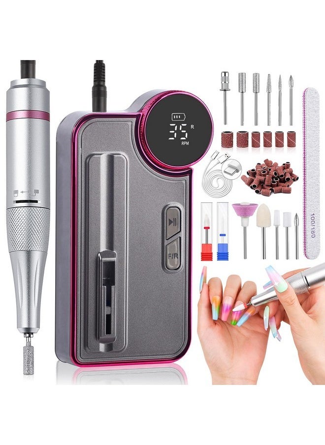 Portable Electric Nail Drill: 35000Rpm Nail Drill 10 Hours Efile Portable Rechargeable Nail Machine 13 Drill Bits Ceramic Drill Bit Grey Purple Nail File Home Use Manicure Pedicure