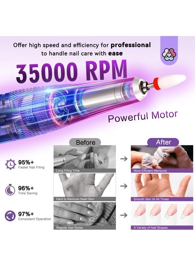 Portable Electric Nail Drill: 35000Rpm Nail Drill 10 Hours Efile Portable Rechargeable Nail Machine 13 Drill Bits Ceramic Drill Bit Grey Purple Nail File Home Use Manicure Pedicure