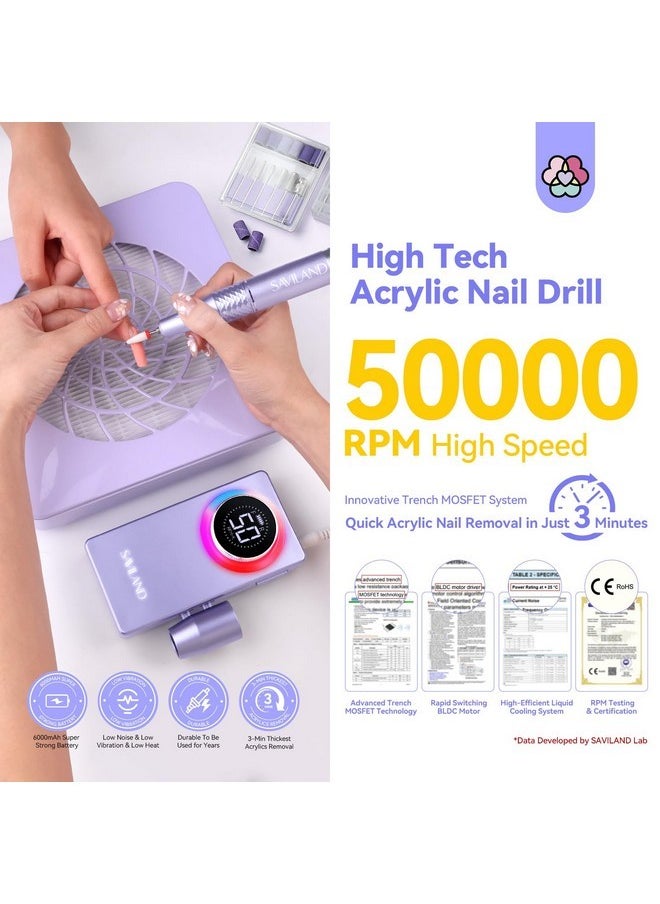 50000Rpm Nail Drill For Acrylic: 2024 Pro High Tech Fast Removal Electric Nails Drill Kit 6000Mah Rechargeable Machine Professional Drill Bit Nail File Buffer Tools Salon Manicure Pedicure