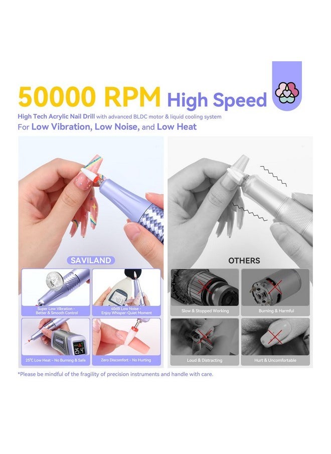 50000Rpm Nail Drill For Acrylic: 2024 Pro High Tech Fast Removal Electric Nails Drill Kit 6000Mah Rechargeable Machine Professional Drill Bit Nail File Buffer Tools Salon Manicure Pedicure