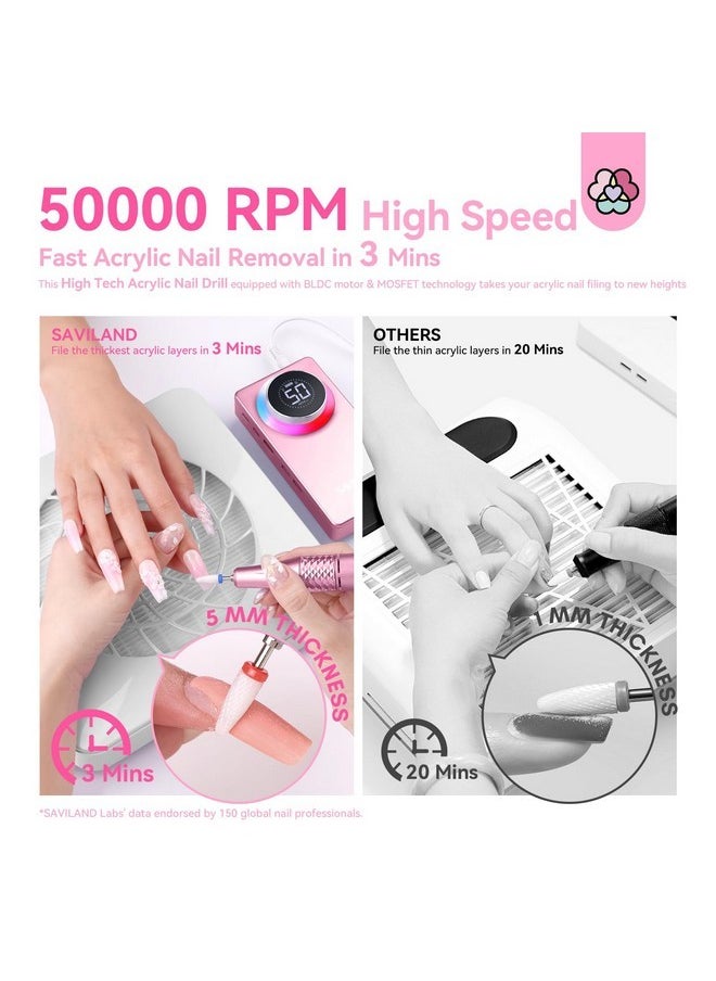 50000Rpm Electric Nail Drill Professional: Rechargeable Portable Efile Nail Drill Kit Strong-Power Nail File Electric 2 Ceramic Bit 11 Drill Bits For Nail Tech Fast Remove Acrylic Nail Salon