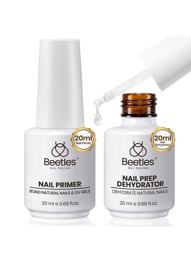 Beetles 20Ml Nail Dehydrator And Primer, Large Capacity Acid Free Natural Nail Prep Dehydrate And Primer, Acrylic Nail Dehydrator And Primer For Uv Gels Superior Nail Bond Professional Salons Set