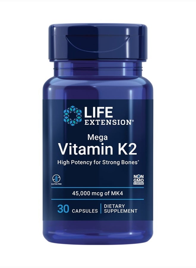 Mega Vitamin K2 High Potency for Strong Bones, clinically Studied 45 mg K2 Dosage, Promotes Healthy Bone Density, Gluten-Free, Non-GMO, 30 Capsules