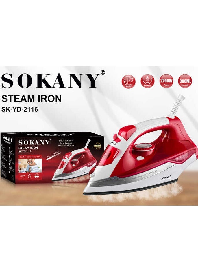 Steam Iron 2200W with Ceramic Soleplate, 380ml Water Tank, Fast Heat-Up, Spray Function, Easy Glide, Vertical Steam, and Adjustable Temperature for Effortless Wrinkle Removal