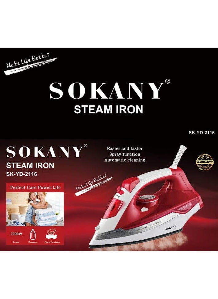 Steam Iron 2200W with Ceramic Soleplate, 380ml Water Tank, Fast Heat-Up, Spray Function, Easy Glide, Vertical Steam, and Adjustable Temperature for Effortless Wrinkle Removal