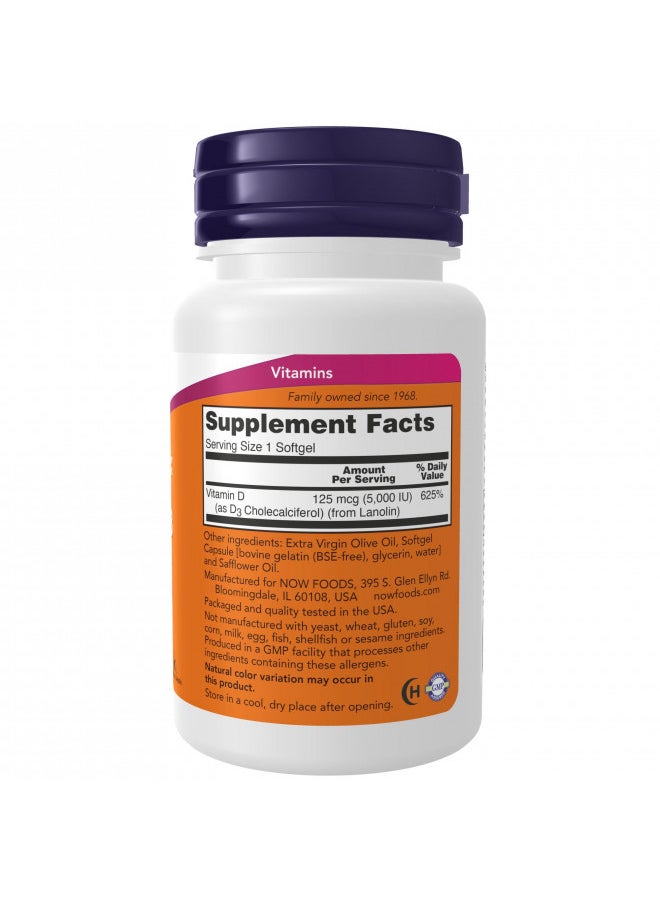 NOW Supplements, Vitamin D-3 5,000 IU, High Potency, Structural Support, 240 Softgels