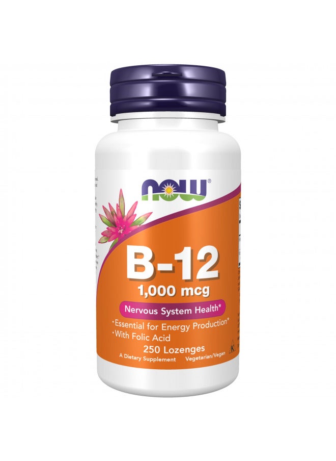 NOW Supplements, Vitamin B-12 1,000 mcg with Folic Acid, Nervous System Health, 250 Chewable Lozenges