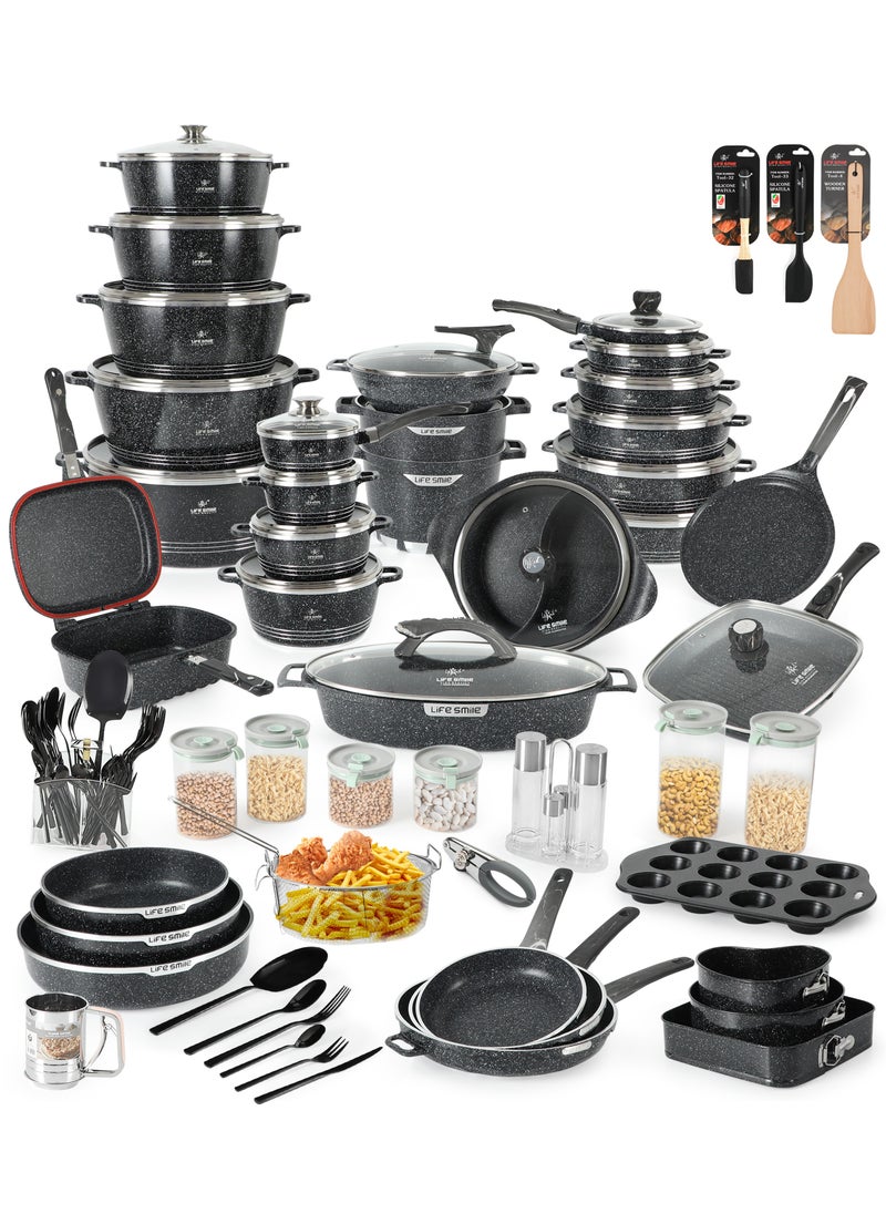 134-Piece All-in-One Granite Cookware Set - Ultra Non-Stick Kitchen Cooking Set, Pots and Pans Set Includes Cooking Pots, Frying Pans, Saute Pans, Couscossier Steamer, Fish Pan, Grill Pan, Double Grill Pan, Wok, Sauce Pan, Bakeware, Round Baking Pans, Cutlery Set, Canister Set and Kitchen Tools