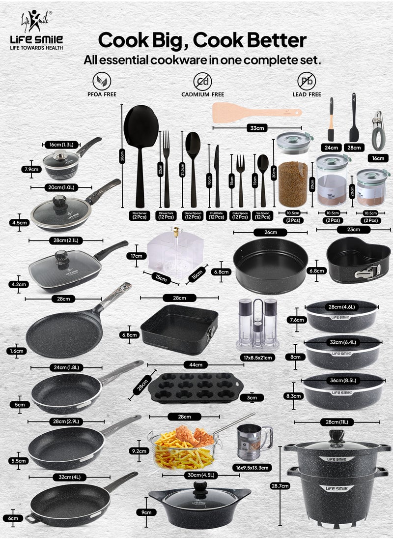 134-Piece All-in-One Granite Cookware Set - Ultra Non-Stick Kitchen Cooking Set, Pots and Pans Set Includes Cooking Pots, Frying Pans, Saute Pans, Couscossier Steamer, Fish Pan, Grill Pan, Double Grill Pan, Wok, Sauce Pan, Bakeware, Round Baking Pans, Cutlery Set, Canister Set and Kitchen Tools