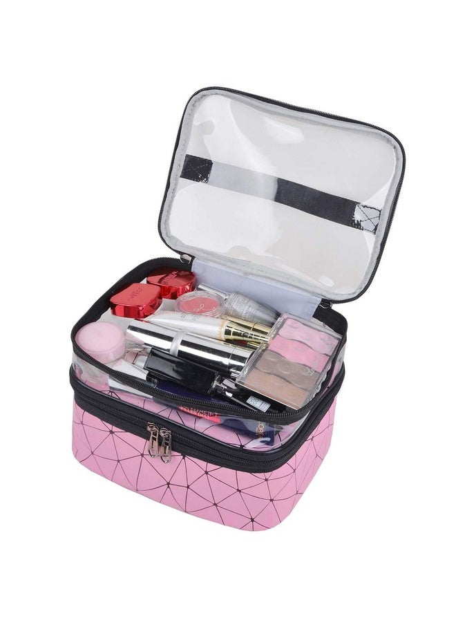 Faux Leather Double Layer Cosmetics Makeup Toiletries Storage Organizer Cosmetic Bag (Pink - Diamond), 22.5 X 16.5 X 15 Centimeters