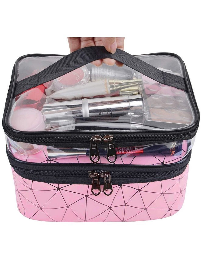 Faux Leather Double Layer Cosmetics Makeup Toiletries Storage Organizer Cosmetic Bag (Pink - Diamond), 22.5 X 16.5 X 15 Centimeters