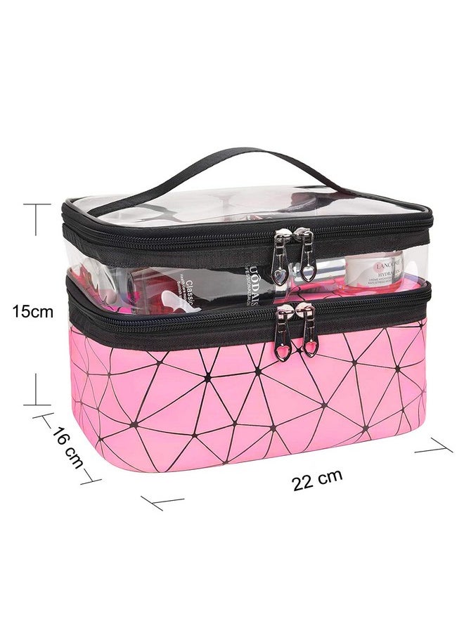 Faux Leather Double Layer Cosmetics Makeup Toiletries Storage Organizer Cosmetic Bag (Pink - Diamond), 22.5 X 16.5 X 15 Centimeters