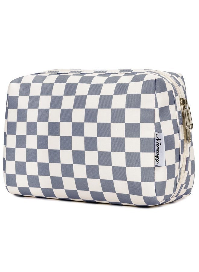 Large Makeup Bag Zipper Pouch Travel Cosmetic Organizer For Women (Large, Grayish Blue Checkerboard)