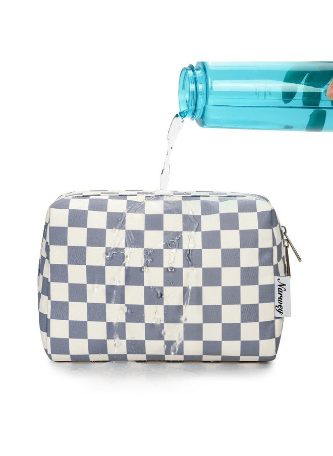 Large Makeup Bag Zipper Pouch Travel Cosmetic Organizer For Women (Large, Grayish Blue Checkerboard)