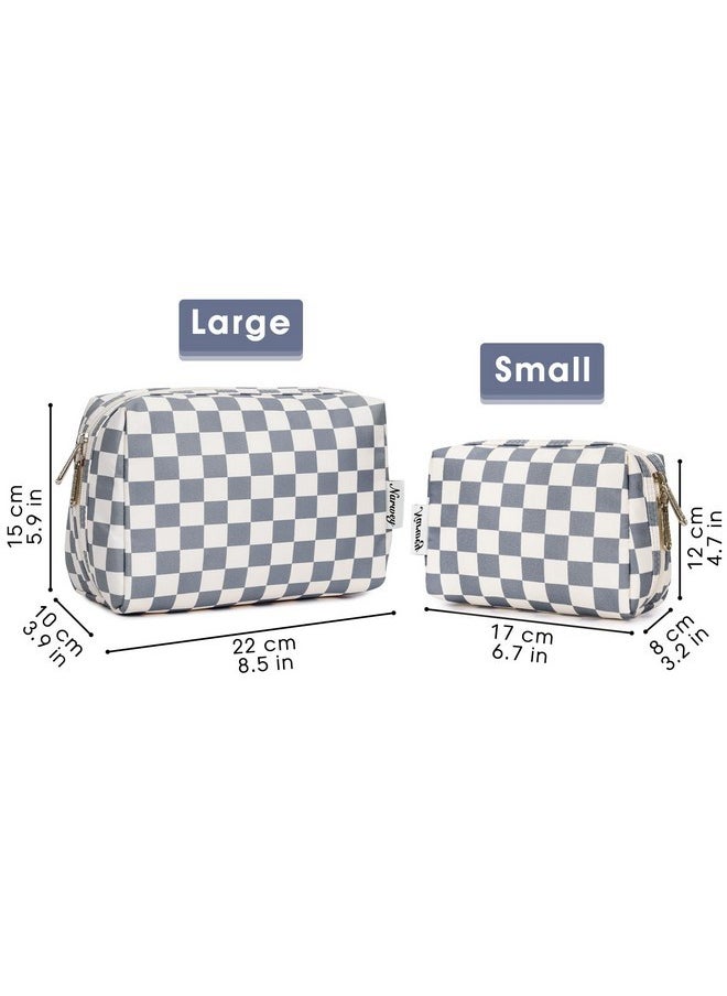 Large Makeup Bag Zipper Pouch Travel Cosmetic Organizer For Women (Large, Grayish Blue Checkerboard)