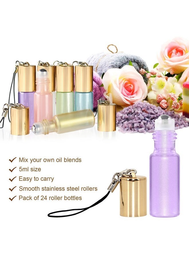 Essential Oil Roller Bottles - 24 Pack 5Ml Pearl Colored Glass Roller Bottles With Stainless Steel Roller Balls, Essential Oil Key Opener And Droppers Included