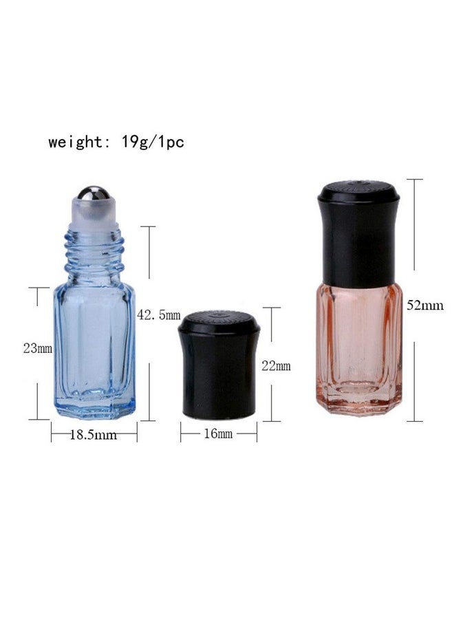 12Pcs 3Ml Colorful Octagonal Glass Roller Bottles Mini Essential Oil Massage Roll-On Bottle Vials Travel Cosmetic Perfume Sample Containers With Steel Ball Black Cap, 1Pc Transfer Dropper And Funnel