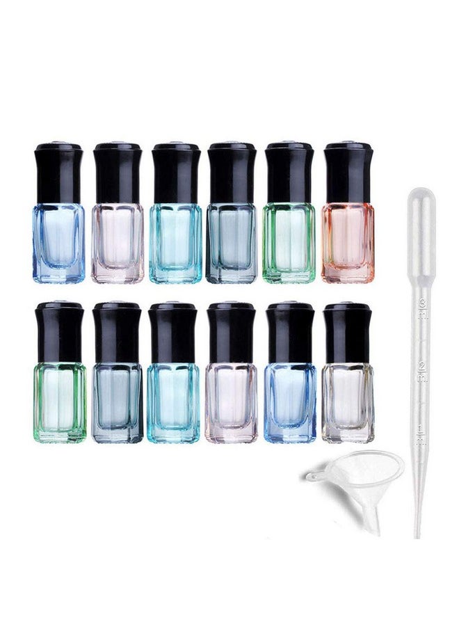 12Pcs 3Ml Colorful Octagonal Glass Roller Bottles Mini Essential Oil Massage Roll-On Bottle Vials Travel Cosmetic Perfume Sample Containers With Steel Ball Black Cap, 1Pc Transfer Dropper And Funnel