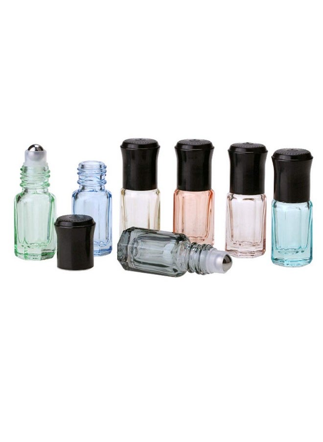 12Pcs 3Ml Colorful Octagonal Glass Roller Bottles Mini Essential Oil Massage Roll-On Bottle Vials Travel Cosmetic Perfume Sample Containers With Steel Ball Black Cap, 1Pc Transfer Dropper And Funnel