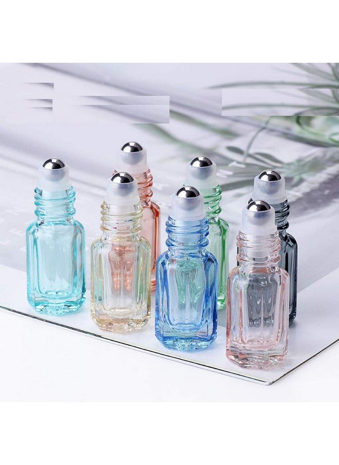 12Pcs 3Ml Colorful Octagonal Glass Roller Bottles Mini Essential Oil Massage Roll-On Bottle Vials Travel Cosmetic Perfume Sample Containers With Steel Ball Black Cap, 1Pc Transfer Dropper And Funnel