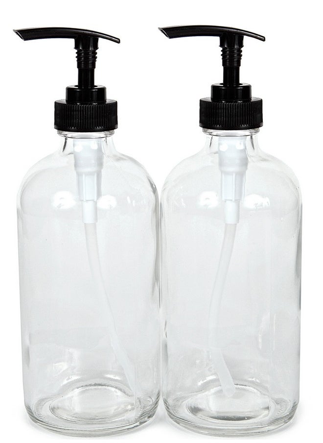 , 2, Large, 16 Oz, Empty, Clear Glass Bottles With Black Lotion Pumps