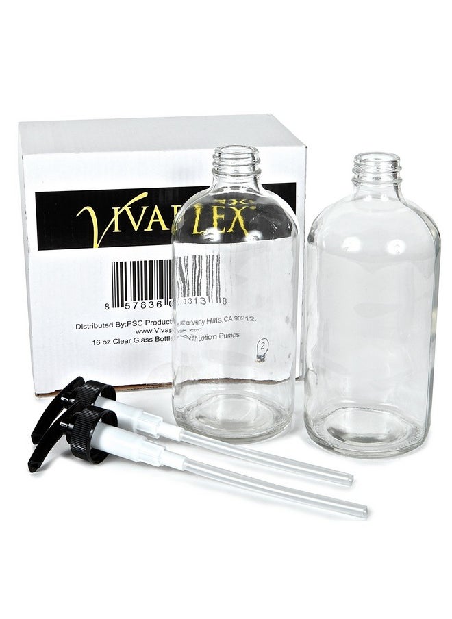 , 2, Large, 16 Oz, Empty, Clear Glass Bottles With Black Lotion Pumps