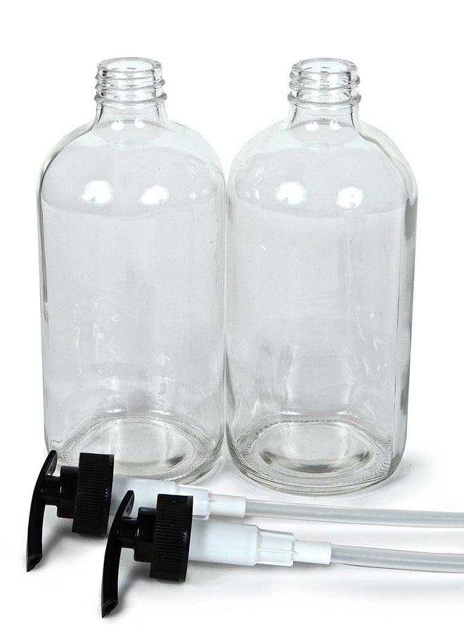 , 2, Large, 16 Oz, Empty, Clear Glass Bottles With Black Lotion Pumps