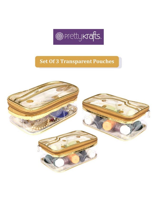 Set Of 6 Multipurpose Transparent Plastic Box, Travel Pouch, Toiletry Kit, Makeup Bag, Cosmetic Pouch For Women, Shaving Kit, Toiletry Bag For Men, (23 X 12 X 7 Cm,Dots Golden)