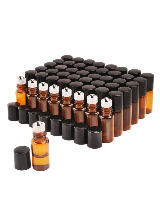 Amber Glass Essential Oil Roller Bottles 3Ml Mini 50 Pcs Roll-On Glass Bottles Vials With Metal Rollerball And Black Caps,1 Opener,2 Dropper