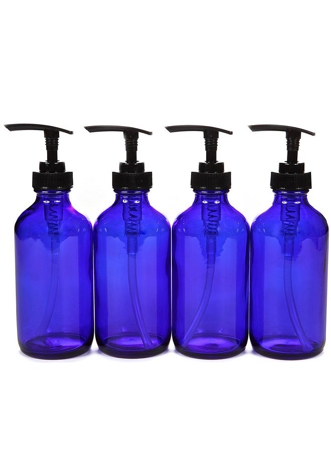 , 4, Large, 8 Oz, Empty, Cobalt Blue Glass Bottles With Black Lotion Pumps