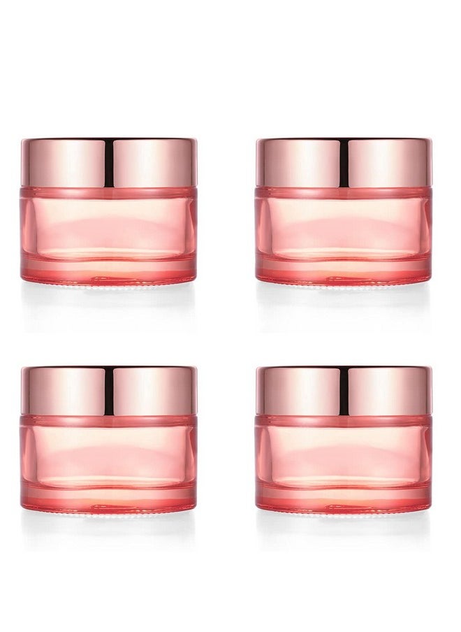 Pink Glass Cream Jar,4 Pack 1.7 Oz/50G Face Lotion Jar Pot,Empty Refillable Glass Cosmetic Cream Bottle Container With Rose-Golden Cover,Inner Liners For Moisturizer,Eyeshadow,Makeup Emulsion