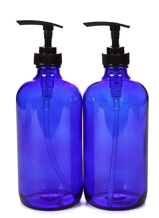 , 2, Large, 16 Oz, Empty, Cobalt Blue Glass Bottles With Black Lotion Pumps