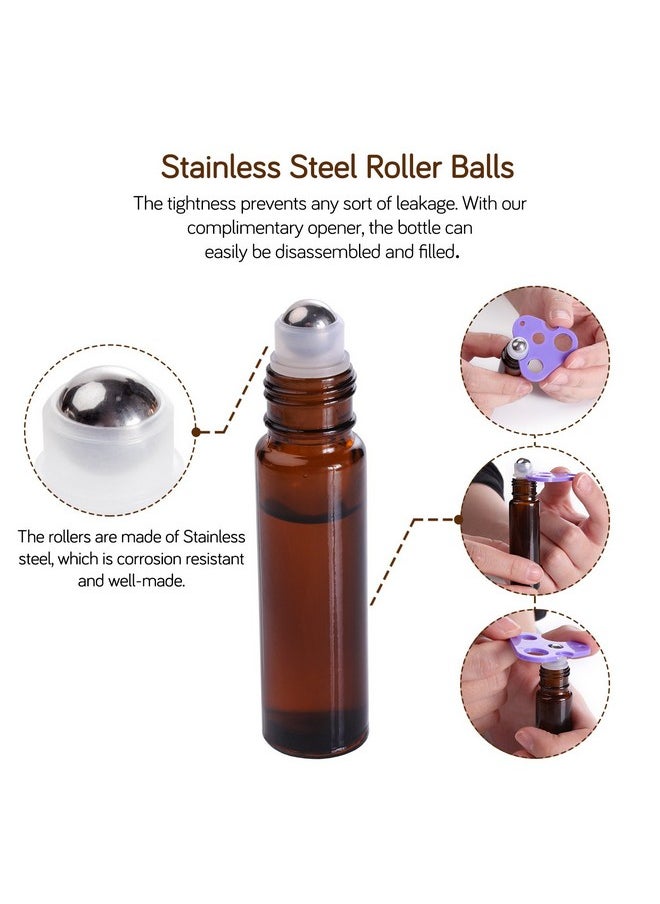 Essential Oil Roller Bottles (10Ml Amber Glass, 12 Pack) With 2 Extra Roller Balls, 24 Labels, Opener, 2 Funnels